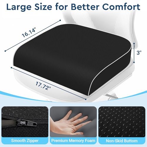 Seat Cushion, Memory Foam Office Chair Cushion, Black, Large | Office Desk Accessories, Butt Pillow for Long Sitting Sciatica, Coccyx, Tailbone, Hip Pain Relief - for Home, Car, Airplane - Image 2