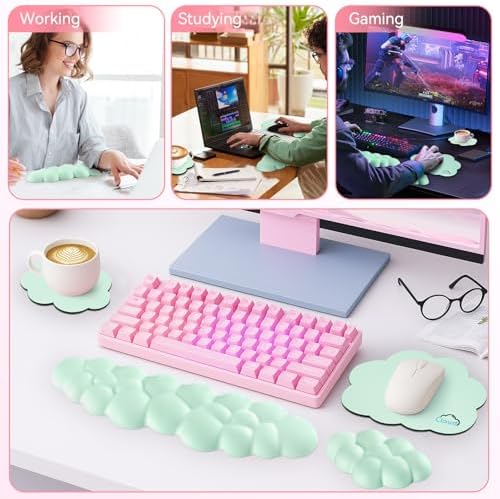 Sushret Cloud Wrist Rest for Computer Keyboard and Mouse Pa, Light Green | Memory Foam, Leather, 4-in-1 Cloud Keyboard Wrist Rest Set with Ergonomic Support for Arm and Palm Cushion, Gaming/Work Setup - Image 6