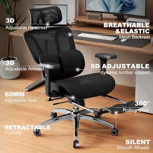 Vonesse Ergonomic Office Chair with Footrest, Desk Chairs with Adjustable 3D Headrest and Armrests, Computer Gaming Chair with Dynamic Lumbar Support & Adjustable Depth Breathable Mesh Seat (Black) - Image 3