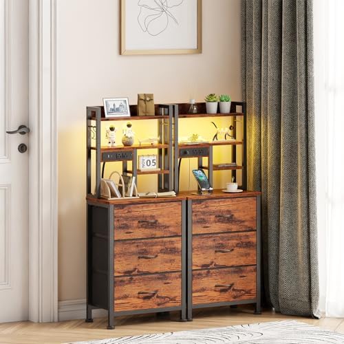 Furnulem Tall Nightstand, 45.3" Bedside Table & End Table, 3 Fabric Drawers - Image 2