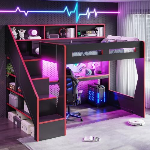 KEIKI Full Size Gaming Loft Bed with Storage Stairs, LED Lights & Desk by KEIKI