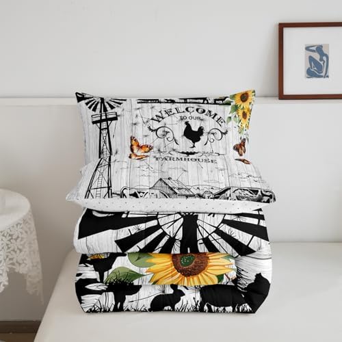 Farmhouse Windmill Comforter Set Full Size Rustic Farm Barn Door Bedding Comforter Sets for Cowboy Cowgirl, Vintage Western Cow Gifts Bedding Room Decor Butterfly Sunflowers Wooden Plank Duvet Insert - Image 5