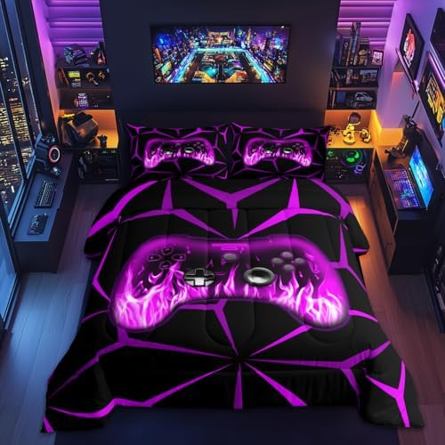 Feelyou Kids Boys Gamer Comforter Set,3D Gaming Bedding Set Toddler Size,Teens Boys Bedroom Room Decor,Purple and Black Video Game Comforter,Gaming Bed Set All Season for Game Lovers by Feelyou