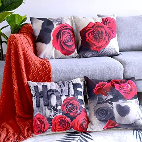 Farmhouse Floral Pillow Covers 18x18 Set of 4, Black Red Rose Throw Pillow Cover for Couch Home Decor, Vintage Cotton Linen Square Flower Cushion Case Sofa Bedroom Outdoor Patio Furniture Decoration - Image 2