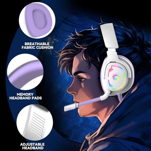 Jimonyer Gaming Headset for PS5 PS4 PC Xbox Series X|S Switch, 7.1 Stereo Surround Sound Over Ear Headphones with Noise Canceling Mic, RGB LED Light, Soft Memory Earmuffs for Gaming or Work, Purple - Image 6