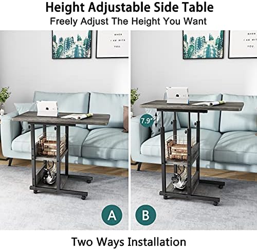 Armocity Height Adjustable Side Table, 32 Inch C Shaped End Table with Storage, Portable Mobile Rolling Sofa Side Table with Wheels for Living Room Bedroom, Grey - Image 5