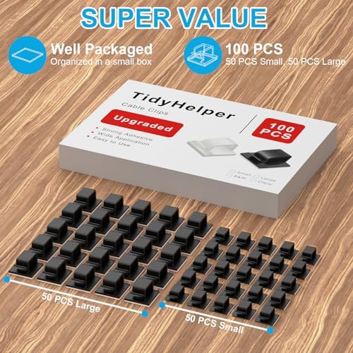 TidyHelper 100 PCS Adhesive Cable Clips Black, Small & Large - Image 2