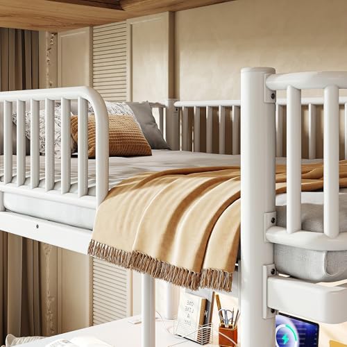Bellemave Full Metal Loft Bed with L-Shaped Desk,LED Lights and Charging Station,Heavy Duty Loft Bed Frame with Hanging Rod & CPU Tray for Kids Teens Adults,Space-Saving,White - Image 6