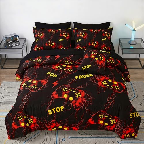 ZRNBAST Gamer Comforter Set Full Size, Red Gaming Bedding Set for Boys, Lightning Game Console Microfiber Bed Sets, 6 Pieces Teen Game Gamepad Bed in a Bag (Red,Full) by ZRNBAST