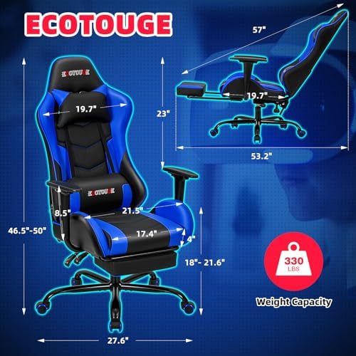 ECOTOUGE Blue Ergonomic PC Massage Gaming Chair with Footrest | Reclining Racing PU Leather, Swivel Rocker, Headrest, Lumbar Pillow, Office Desk Chair, Adjustable Height, Sturdy Base - Image 3