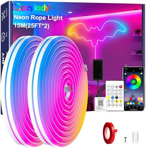 Cozylady RGB Neon Light LED Rope Light,Waterproof Bluetooth APP Remote Control Music Sync Strip Light,24V Flexible DIY Silicone Light for Bedroom Home Indoor Outdoor Decoration(15m/50ft) by CozyladyInc
