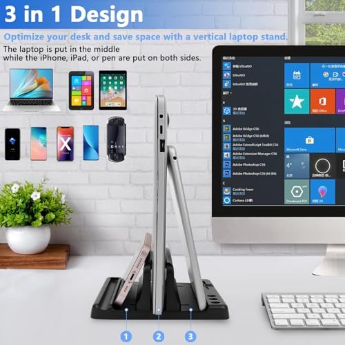 Vertical Laptop Stand Holder, ABS Organizer with Adjustable Dock, 3/4 in 1 Design Extra Storage Space-Saving, Sturdy Laptop Computer Holder for PC, MacBook, Mini PC, iPad (Black, 1 Slot) - Image 3