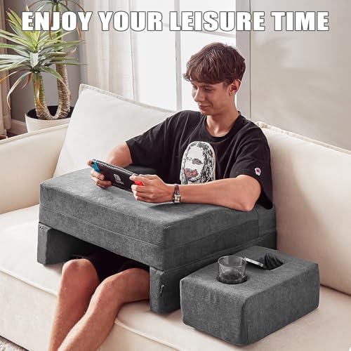 comehealthy Lap Desk Pillow for Laptop, Large Reading Pillow for Adult, Arm Rest Pillow with Cup Holder, Memory Foam Bed Desk for Working, Gaming, Reading, Laptop Desk for Couch Bed Floor(Grey) - Image 6
