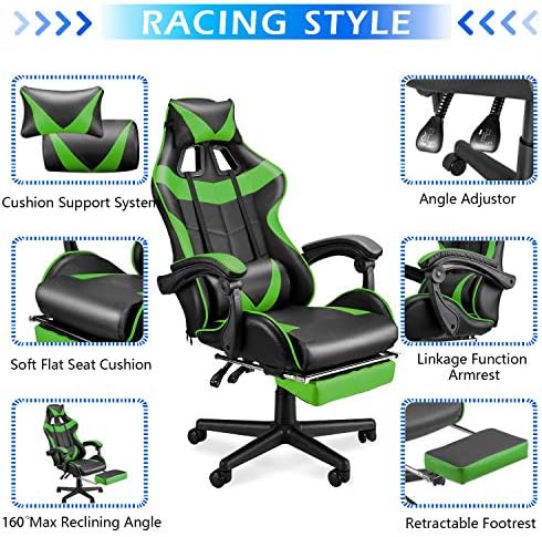 Soontrans Gaming Chair Green,Racing Gaming Chair with Footrest,Ergonomic Computer Gamer Chair,Game Chair with Adjustable Headrest and Lumbar Support - Image 3