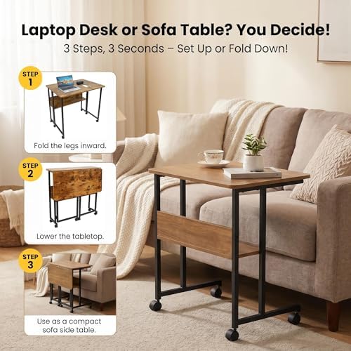 Mobile Foldable Desk w/Wheels and Feet Pads, Foldable Computer Desk, Folding Desk, Small Computer Desk for Small Spaces, Folding Table for Office Bedroom Living Room-Rustic Brown - Image 4