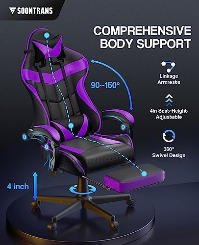 Soontrans Purple Gaming Chair with Footrest, Ergonomic Gamer Chair, Video Game Chairs with Adjustable Headrest, Removable Lumbar Support Office Chair, Game Chairs for Adults Teens(Purple) - Image 5