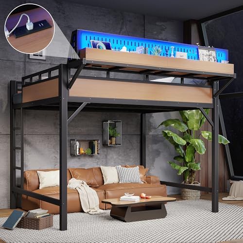 KEIKI Queen Metal Loft Bed with Shelves, Pegboard, USB Ports and LED Lights - Image 5