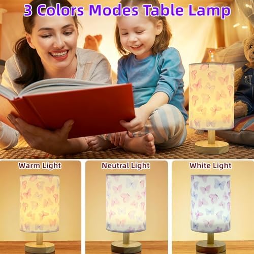 Butterfly Kids Table Lamp for Bedroom,Kids Bedside Lamps 3 Colors Dimmable Nightstand Night Light with Cartoon Flaxen Fabric Shade Desk Lamp for Girls Boys Room Nursery Decor,Butterfly Gifts for Girls - Image 2