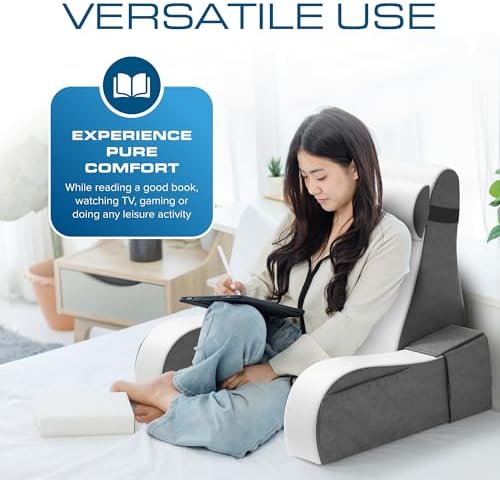 Kölbs Wedge Reading Cushion, Back Pillow for Bed Sitting Up, Cushion with Arms for TV Book Gaming Dorm Rooms, Backrest (Grey/White, Standard) - Image 4