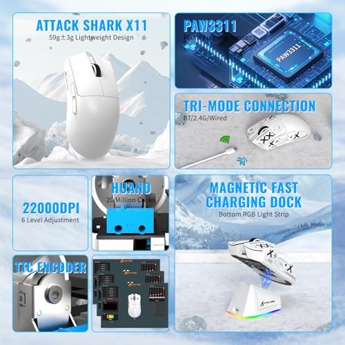 ATTACK SHARK X11&X60HE Mechanical Wireless Gaming Combo,Rapid Trigger Magnetic Switches 8K Keyboard,59g Ultra-Light Mouse with Charging Dock, 22K DPI,PAW3311,RGB Backlit 3-Mode with Coiled Cable-White - Image 3