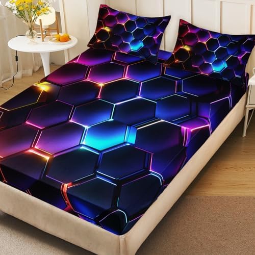 HOSIMA Geometric Hexagon Twin Bedding Sets,1 Fitted Sheet+2 Pillowcases. - Image 4