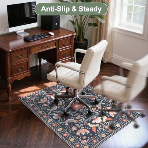 Anidaroel 36"x48" Office Chair Mat for Hardwood Floor, Black Floral Computer Chair Mat, Anti-Slip Vintage Under Desk Rug for Office, Low Pile Bird Bug Office Rugs for Rolling Chairs - Image 6