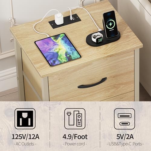 Vagusicc Nightstand with Charging Station, Bedside Table with USB Ports and Outlet, End Table Side Table with 2 Fabric Drawers for Bedroom, Living Room, Natural - Image 6