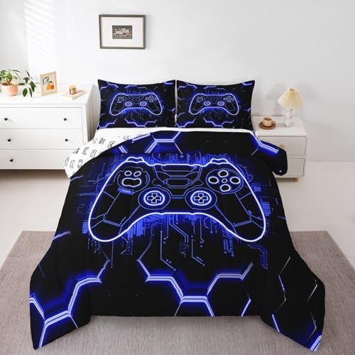 Feelyou Kids Blue Gamer Comforter Set Toddler Size, Honeycomb Gaming Comforter Boys Girls Modern Game Console Bedding Set Game Teens Duvet Set Bedroom Decor with 1 Pillow Case by Feelyou