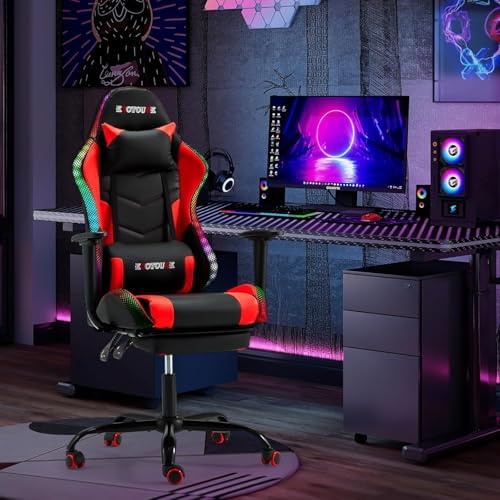 ECOTOUGE Gaming Chair, Video Game Chair with RGB LED Lights & Footrest | Ergonomic Computer Chair Height Adjustable with Massage Lumbar Support and Headrest for Adults and Kids, Black&Red - Image 2