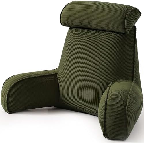 Corduroy Reading Pillow, Backrest Pillow for Sitting Up in Bed, Bed Rest Back Support Cushion for Daybed Sofa Couch, Lounge Pillow with Arms, Side Pockets & Washable Cover, Avocado Green by Ailuteie