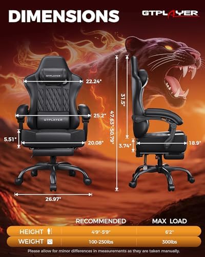 GTPLAYER Big and Tall Gaming Chair with Footrest, Ergonomic Office Desk Chair with 4.4in Thick Cushion and Wide Wingless Seat, Comfortable Leather Computer Chair, Predator Series, Black with Trim - Image 2