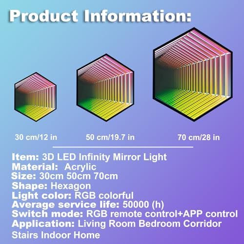 3D Infinity Mirror Light, 19.7in/50cm Hexagon RGB Tunnel Light, 358 LEDs - Image 3