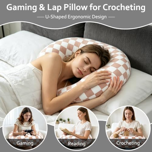 Ergonomic U-Shaped Gaming & Lap Pillow for Crocheting - Cute Geometric Grid Crochet Pillow with Elbow & Arm Support, Lap Desk Pillows for Reading, Playing or Crocheting, Suitable for Adults - Brown - Image 7