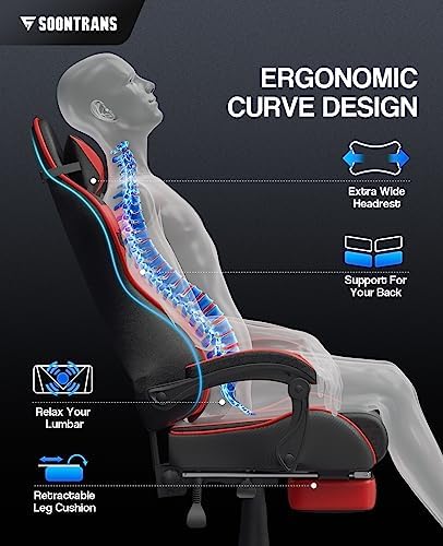 Soontrans Red Gaming Chairs with Footrest,Racing Gaming Chair,Computer Gamer Chair,Ergonomic Game Chair with Adjustable Headrest and Lumbar Support - Image 5