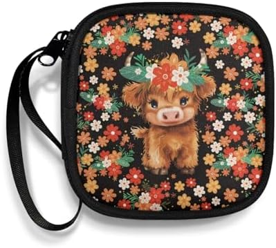 Floral Print Highland Cow Earphone Case Earbuds Small Carrying Cases Portable Headphone Organizer Storage Pouch Bag with Handle by Unknown