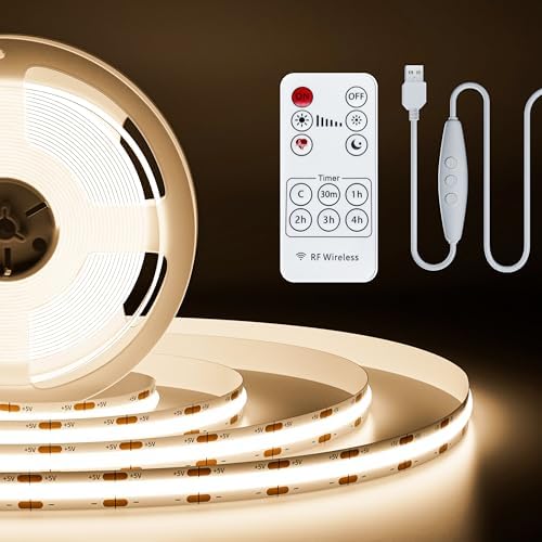 PAUTIX 5V USB COB LED Strip Lights Dimmable LED Lights 4000K Natural White with RF Remote,1200lm,Dotless Flexible Tape Light for Under Cabinet,Bedroom,TV Backlight,Kitchen,Shelf,Mirror Lighting 6.56ft by PAUTIX