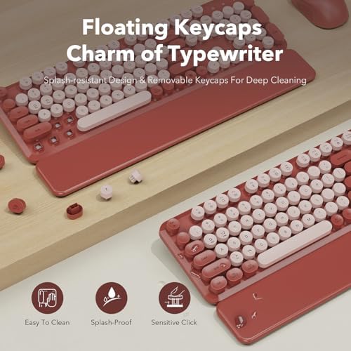 Wireless Keyboard and Mouse Combo, Round Keycaps, Full-Size Retro Typewriter Keyboard with Magnetic Wrist Rest, Tilt Legs, 2.4GHz Cordless for Mac, Windows PC, Laptop, SABLUTE CK23, Burgundy Red - Image 3