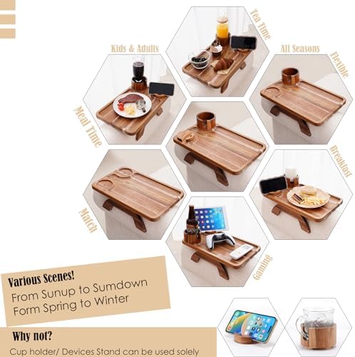 Nnewvante Couch Cup Holder Tray, 3 in 1 Large 15.36"x9.85" Acacia Wood Sofa Arm Clip on Tray Table with 360°Rotated Phone Holder on Armrest - Image 3