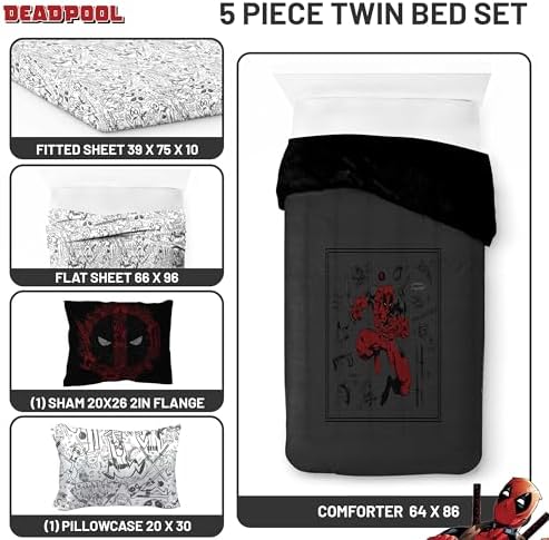 Marvel Deadpool Twin Comforter Set 5 Piece Soft Bedding for Boys, Gray - Image 3