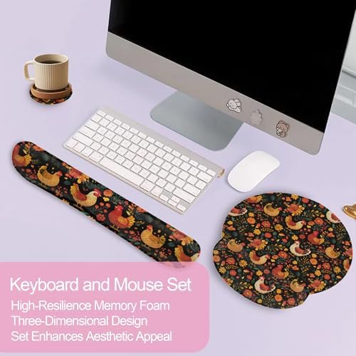 Chicken Rooster Hen Flower Meadow Mouse Pad with Wrist Rest Set,3-in-1 Wrist Support Mousepad Set,Gaming Mat Pad with Anti-Skid Base,Ergonomic Memory Foam Mouse Pad Set for Women,Office,Typing,Gaming - Image 3