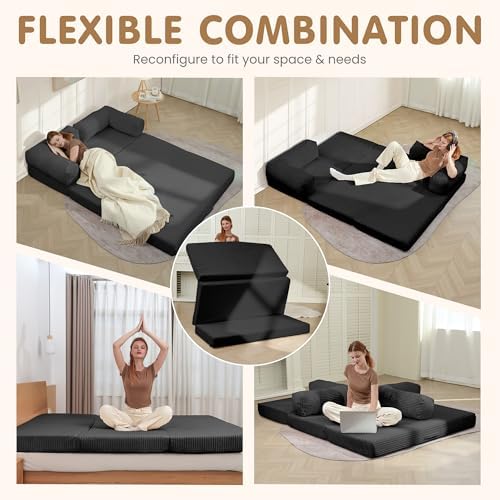 Convertible Sofa Bed Full,5-in-1 Tri-Fold Boneless Couch with Removable Armrests & Handle,Corduroy Futon Sleeper Sofa,Floor Folding Mattress Pull Out Bed for Small Space Apartment Bedroom Black - Image 3