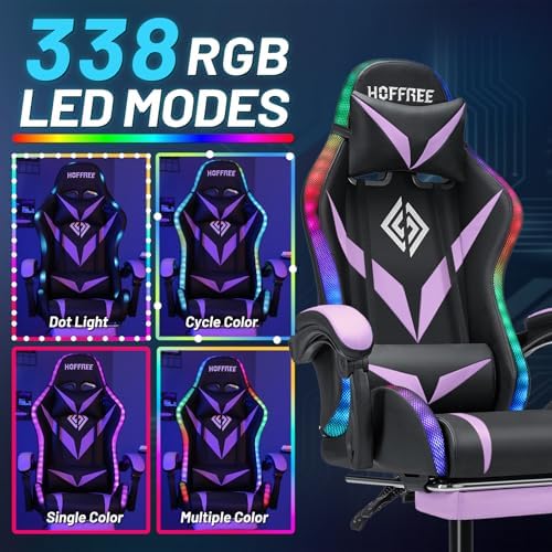 LED Gaming Chair with Speakers RGB Lights Massage Computer Chairs-Purple | Bluetooth Game Chairs for Adults;Ergonomic High Back Video Game Chair; Reclining Gamer Chair with Footrest Lumbar Support - Image 4