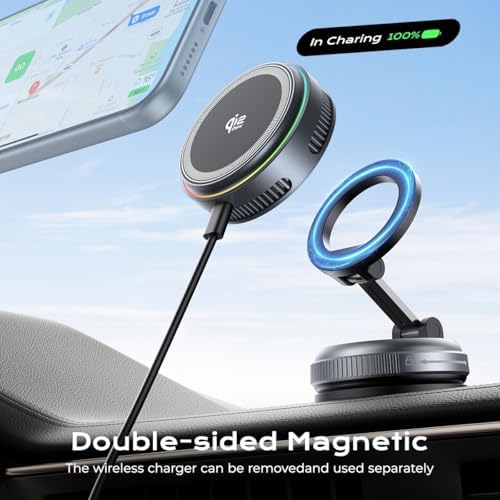 Qi2.2 Magnetic Car Mount Charger【25W Fast Charging+Ice-Cooling】 360° Rotating Fast Wireless Charger Stand with Cooling Fan/LED Light,Vacuum Magnetic Phone Holder Compatible with iPhone 12-17, S26/S25 - Image 2