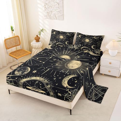 Erosebridal Bohemian Sun Moon Sheet Set Twin Galaxy Top Sheet Constellation Fitted Sheet Starry Sky Bed Sheet Exotic Style Golden Black Room Decorative Flat Sheet Cartoon Deep Pocket Fitted Sheets by Erosebridal