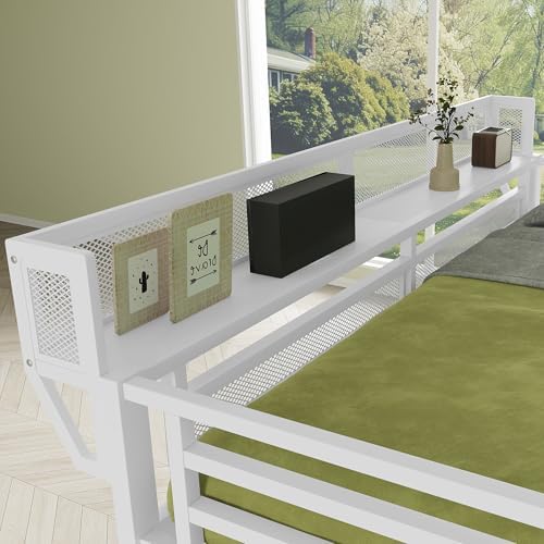 KEIKI Full Size Metal Loft Bed Frame with Convertible Staircase, Built-in Storage Shelves and Wardrobe, Loft Bed with Solid Slats, Guardrail, No Box Spring Required, Easy Assembly, for Bedroom, White - Image 5