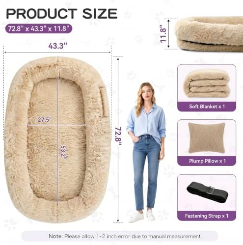 Human Dog Bed with Pillow & Blanket - 71 × 45 × 12 Inch - Image 2
