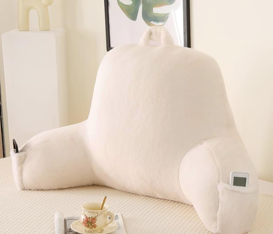 Soft Reading Pillow for Bed with Arms,Middle,White,Faux Fur | 17" Backrest for Gaming & Lounging,Oeko-TEX Certified Plush Back Pillow for Teens Room by PAJEO
