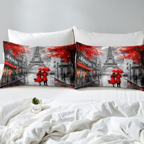Red Paris Eiffel Tower Bed Sheets Queen Size, Paris Decor For Bedroom, French Style Couple Lover Flower Sheet For Girls Women Kids Fitted Sheet, Romantic Flat Sheet, 2 Pillowcases, Grey Black, 4Pcs - Image 5