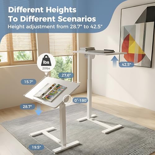 DUMOS Overbed Table with Wheels, Height-Adjustable Bedside Table, White - Image 3
