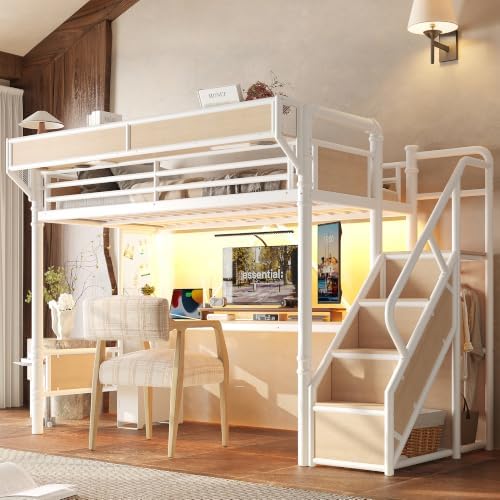 KEIKI Twin Size Metal Loft Bed Frame with Storage Staircase, Desk, White by KEIKI